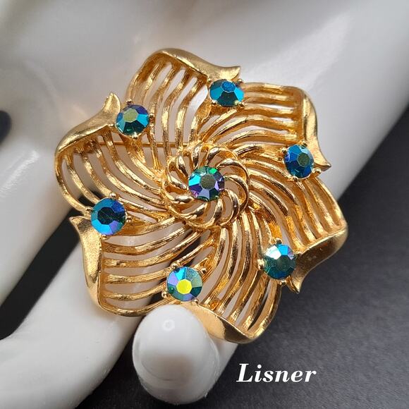 Vintage Lisner Brooch, Blue AB Rhinestones, Gold Tone, 1960s Jewelry - Picture 1 of 10